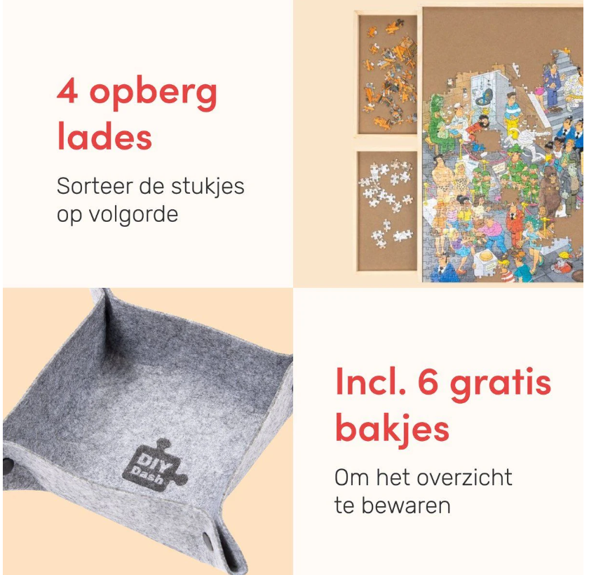 DIYDash Table de puzzle pivotante avec système de rangement - 1500 pièces - 4 tiroirs - tapis - planche - plateau - étagère - Deluxe - tapis roulant - tissu - pour puzzles - 1000