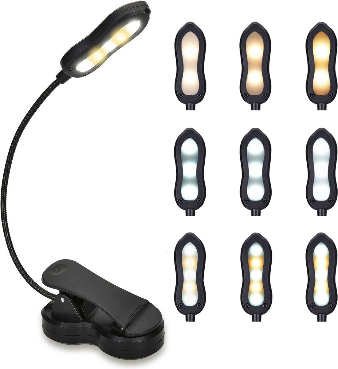 Lampe de lecture Podec - avec pince et niveaux de lumière graduables - rechargeable - 9 x 3 x 17 cm - noir