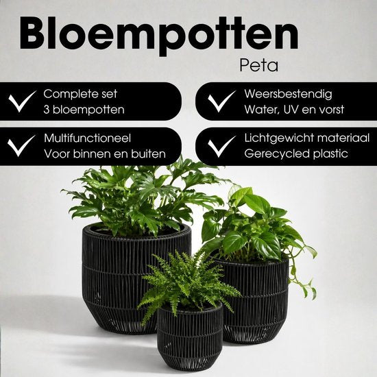 Mica Decorations Peta – Pot de fleurs d'extérieur – Lot de 3 – Pot pour fleurs et plantes d'extérieur – Pots de fleurs d'extérieur – Noir