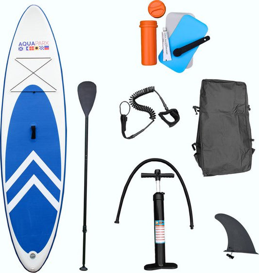 AQUAPARX MKII Professional Sup Board - Planche à pagaie gonflable - pour débutants et avancés - 1 personne - livré complet - blanc/bleu