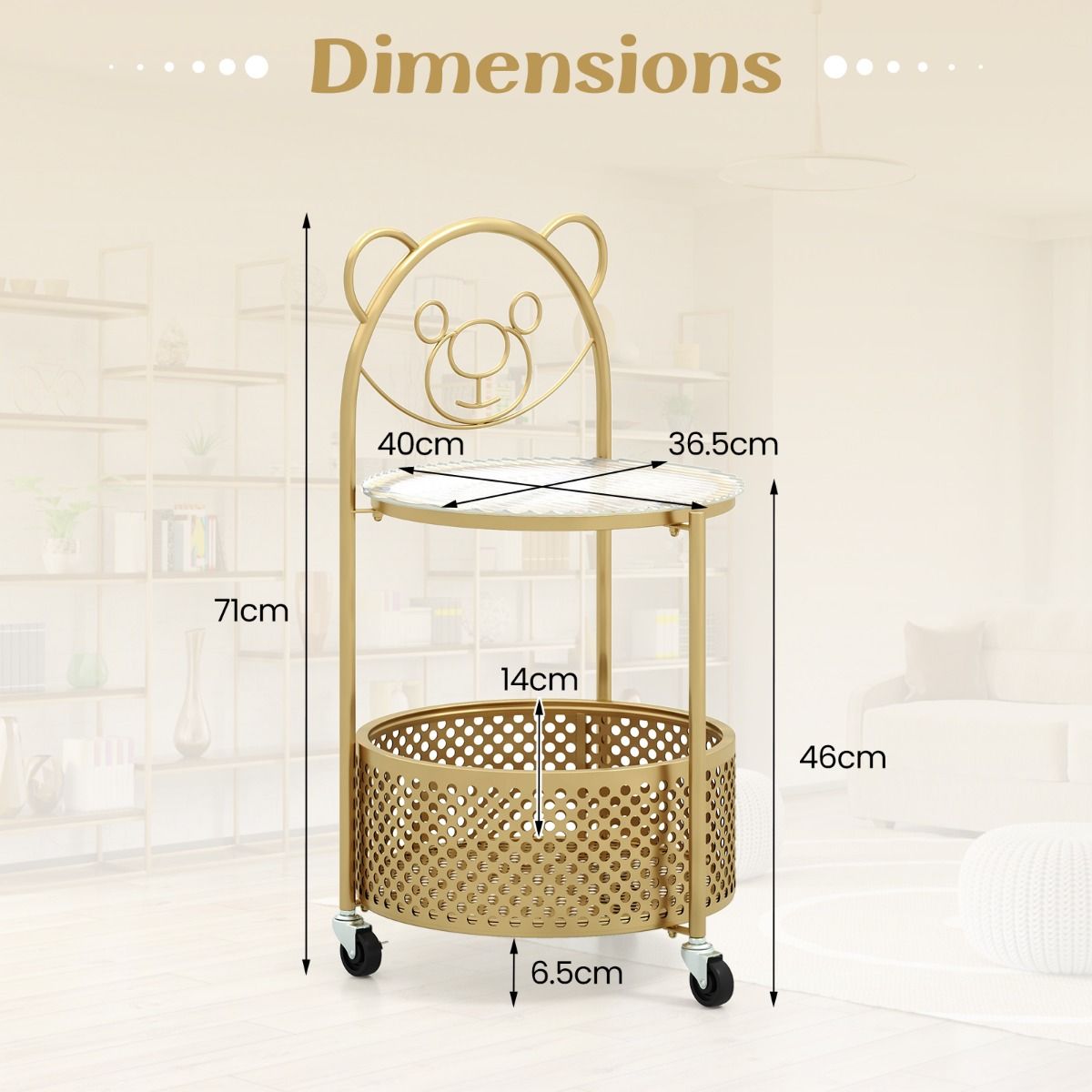 Coast Side Table Gold - 40 x 36.5 x 71 cm - Panier de rangement et cadre en métal avec roulettes