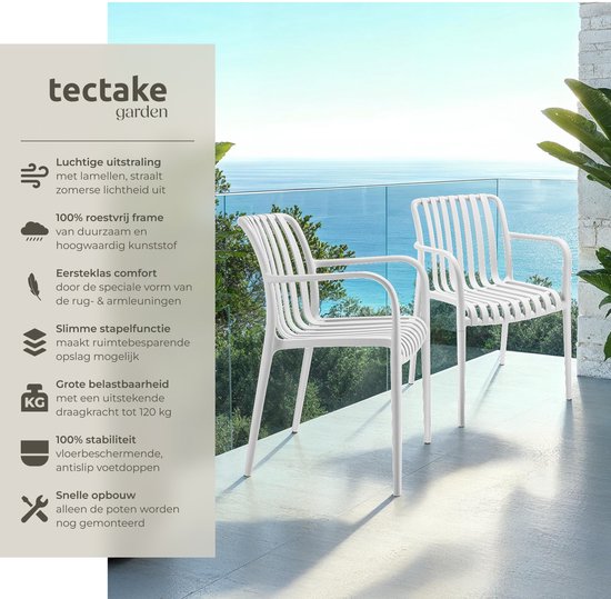 tectake® Lot de 4 chaises de jardin Alcudia - Crème - Chaises en plastique avec accoudoirs - Ensemble de jardin à disposer autour d'une table de jardin ou au camping - Empilables - Chaises pour le jardin, la terrasse ou le balcon - Résistantes aux intempé