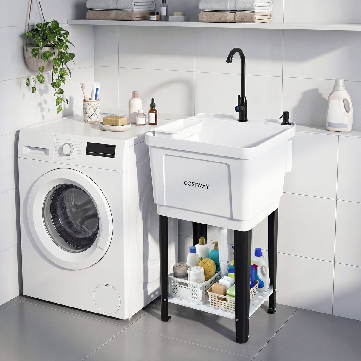 Lavabo à poser Coast - carré, en plastique - robinet pivotant à 360° - blanc/noir