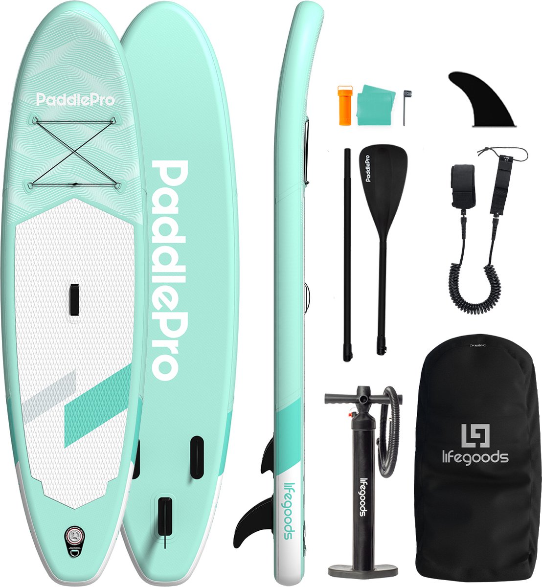 LifeGoods SUP Board - All-round Compact - 100 KG Carrying Capacity - Inflatable - Complete SUP Package - Pastel Green