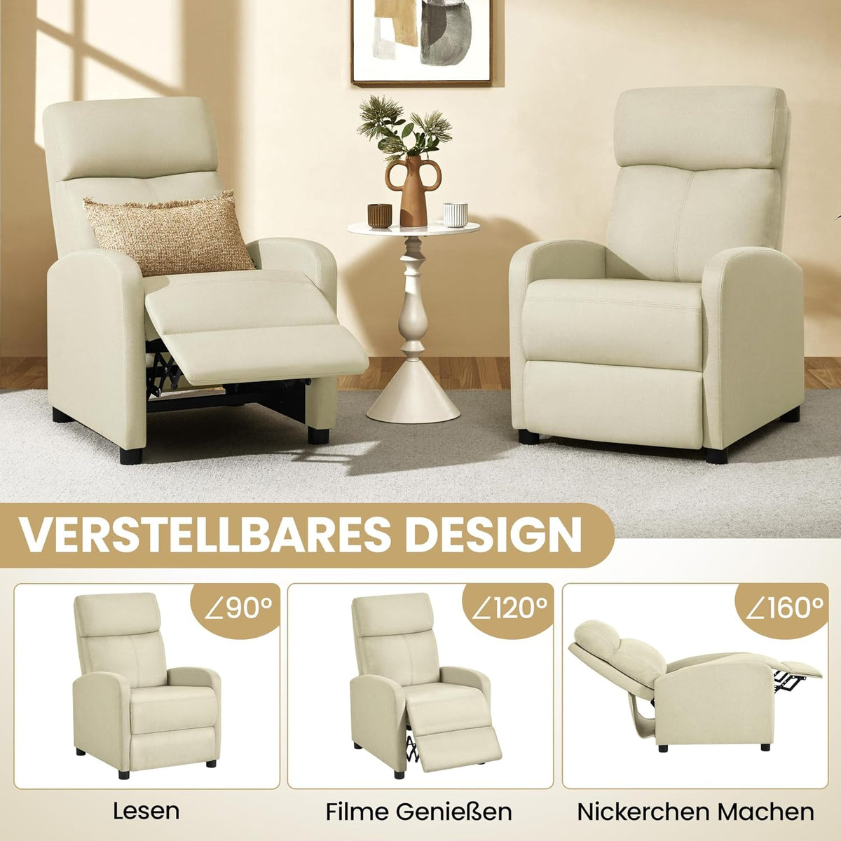 Fauteuil de détente Yaheetech pour regarder la télévision - 87 x 61,5 x 99 cm - Repose-pieds réglable - Beige