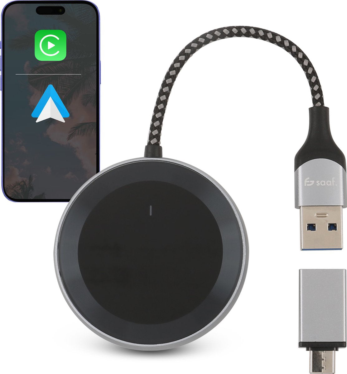 Saaf D200 Plus Apple CarPlay & Android Auto Dongle - Sans fil - USB-C & USB-A - Compact 6,5 x 3,5 x 1,2 cm