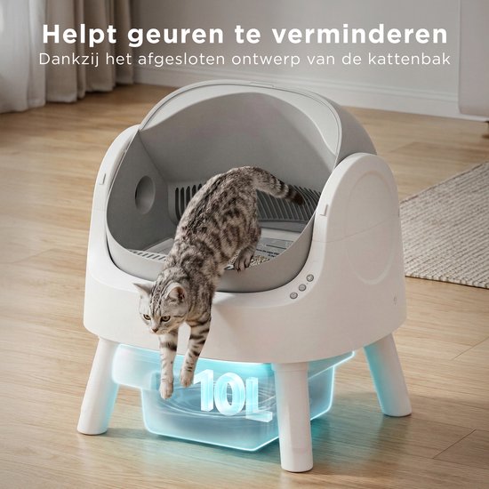TrevoPet® Bac à litière automatique - autonettoyant et sûr - pour chats jusqu'à 12 kg - tapis, 60 sacs à déchets et accessoires inclus - poubelle de 10 litres - blanc et gris