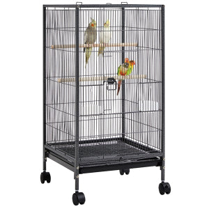 Yaheetech Cage à oiseaux avec base mobile - équipée d'un tiroir coulissant, de 4 mangeoires en plastique et de 3 perchoirs en bois - pour petits oiseaux et perruches - métal noir martelé et bois massif - 45,5 x 45,5 x 100,5 cm