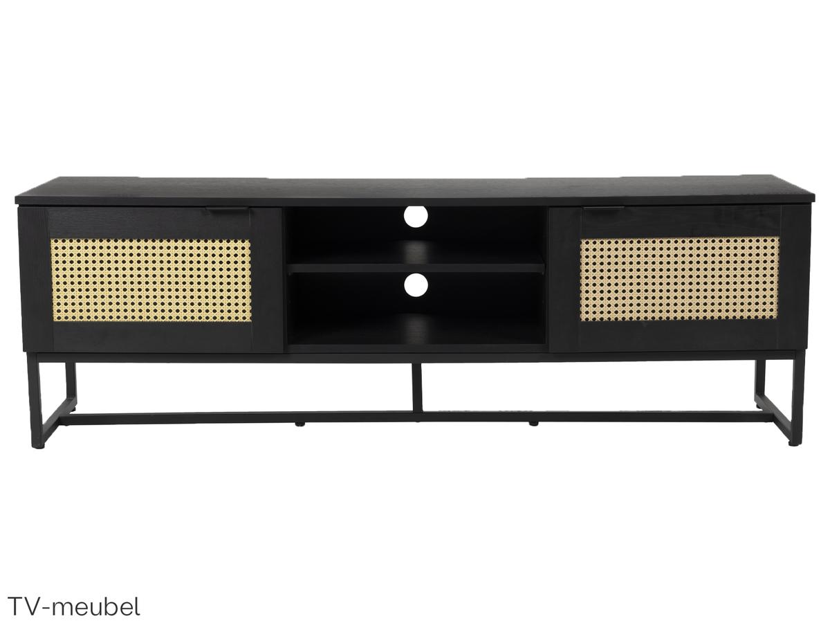 Meuble TV Cube de fonQ – 150 x 40 x 50 cm – Meuble en bois noir avec détails en rotin tressé et piètement métallique – Style bohème
