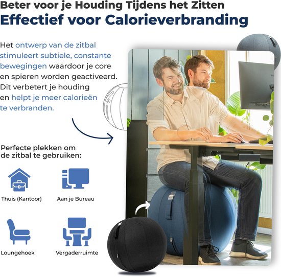 Backerz Sitting Ball 55 CM - Balle d'assise avec housse en lin - Chaise ergonomique pour le bureau et la maison - Balle de yoga de luxe - Noir 2