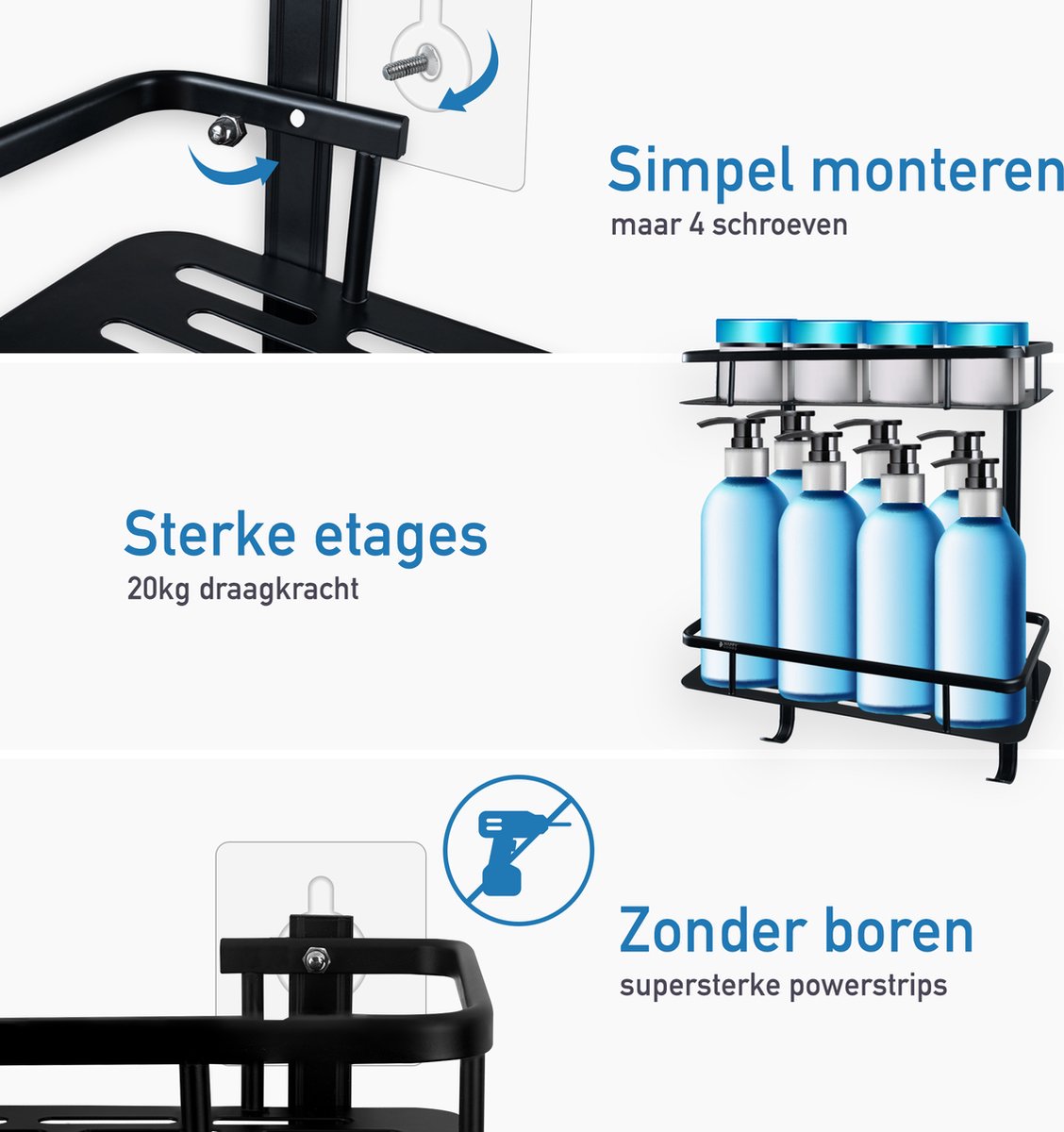 Happy Goods® Support de douche - 2 couches - sans perçage - acier inoxydable - auto-adhésif - capacité de charge de 20 kg - support de salle de bain noir