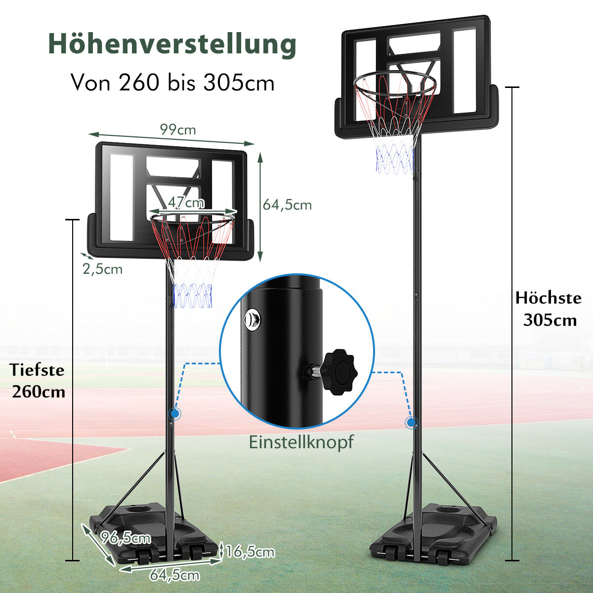 Coast Panier de basket réglable en hauteur Support de basket 96,5 x 64,5-305 cm noir