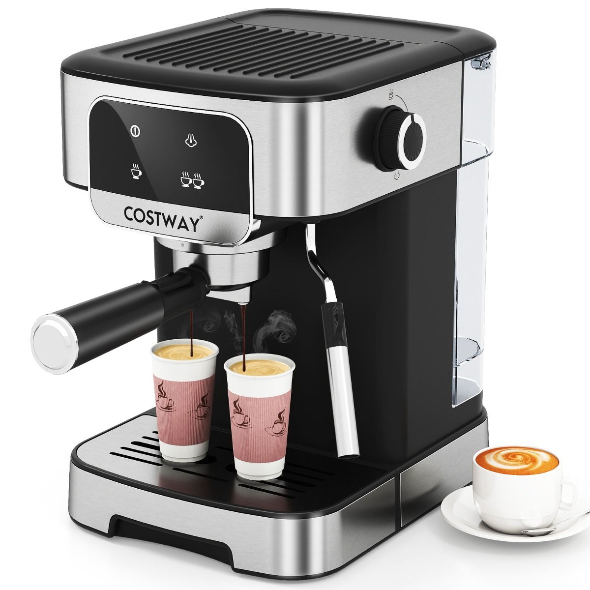 Machine à expresso Coast 20 bars 1 200 W - Mousseur à lait à vapeur - Réservoir d'eau de 1,8 L - Écran tactile - Noir/Argent - 26 x 21 x 28 cm