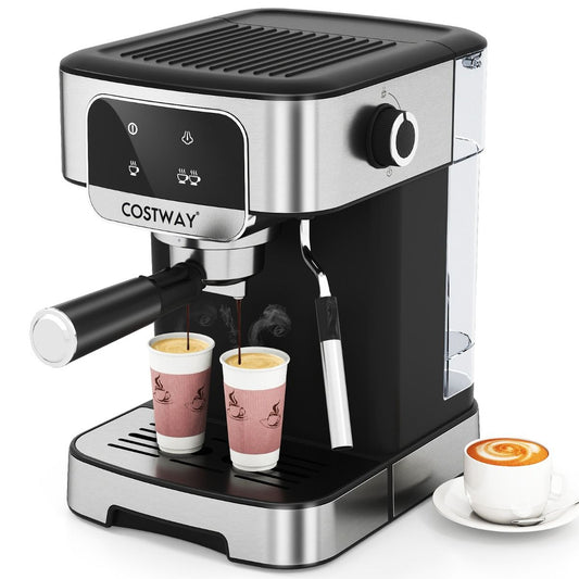 Machine à expresso Coast 20 bars 1 200 W - Mousseur à lait à vapeur - Réservoir d'eau de 1,8 L - Écran tactile - Noir/Argent - 26 x 21 x 28 cm