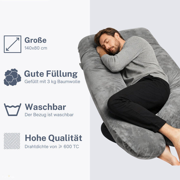 Earkings Oreiller - 140x80cm - Noir - Forme en U - Sans contenu