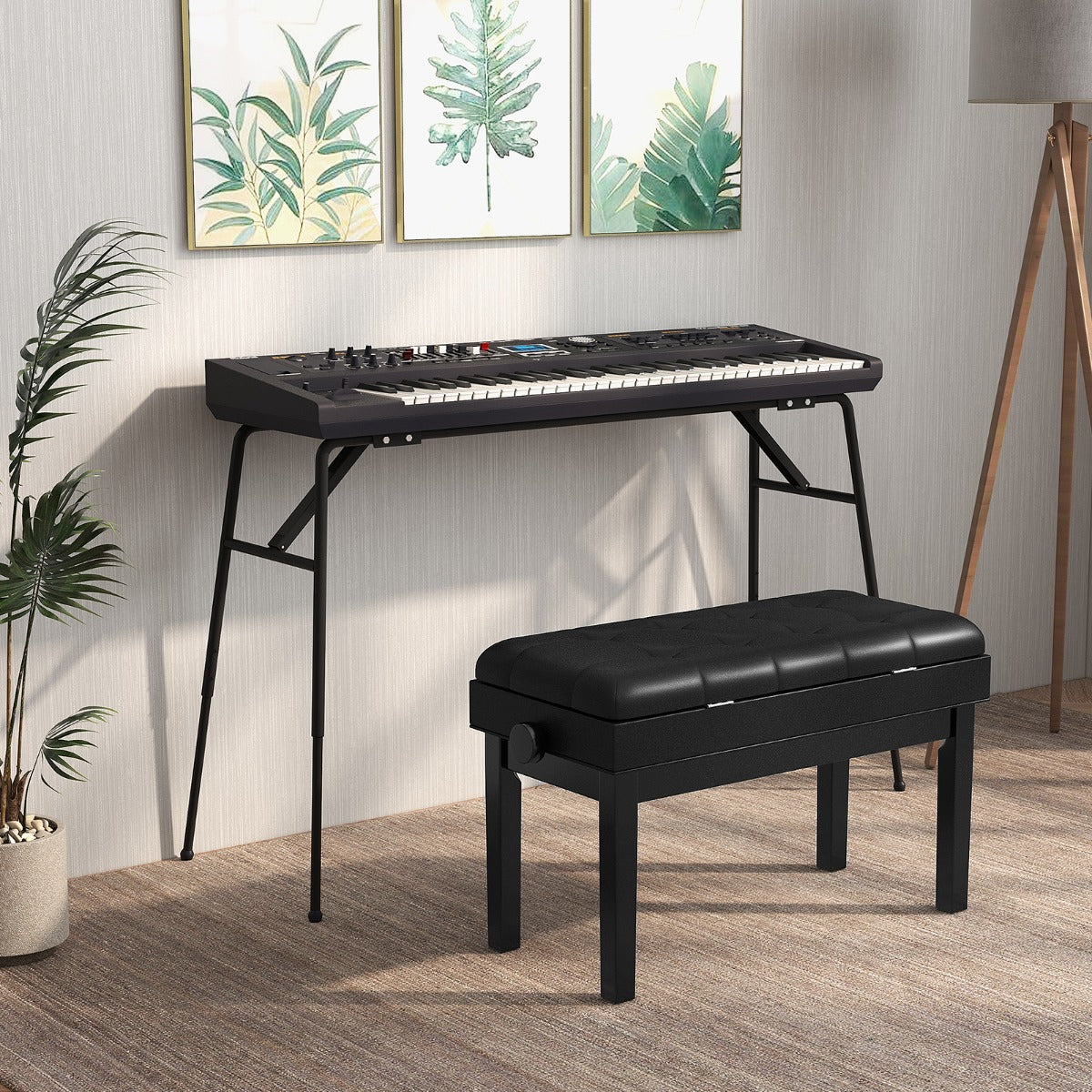 Banc réglable pour piano à queue avec rangement et coussin rembourré imperméable - 6 x 36 x 48-58 cm - Noir