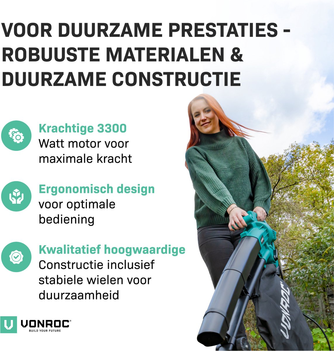 VONROC Souffleur de feuilles - Aspiration et broyage - 3300 W - Sac de ramassage de 40 litres inclus - Noir