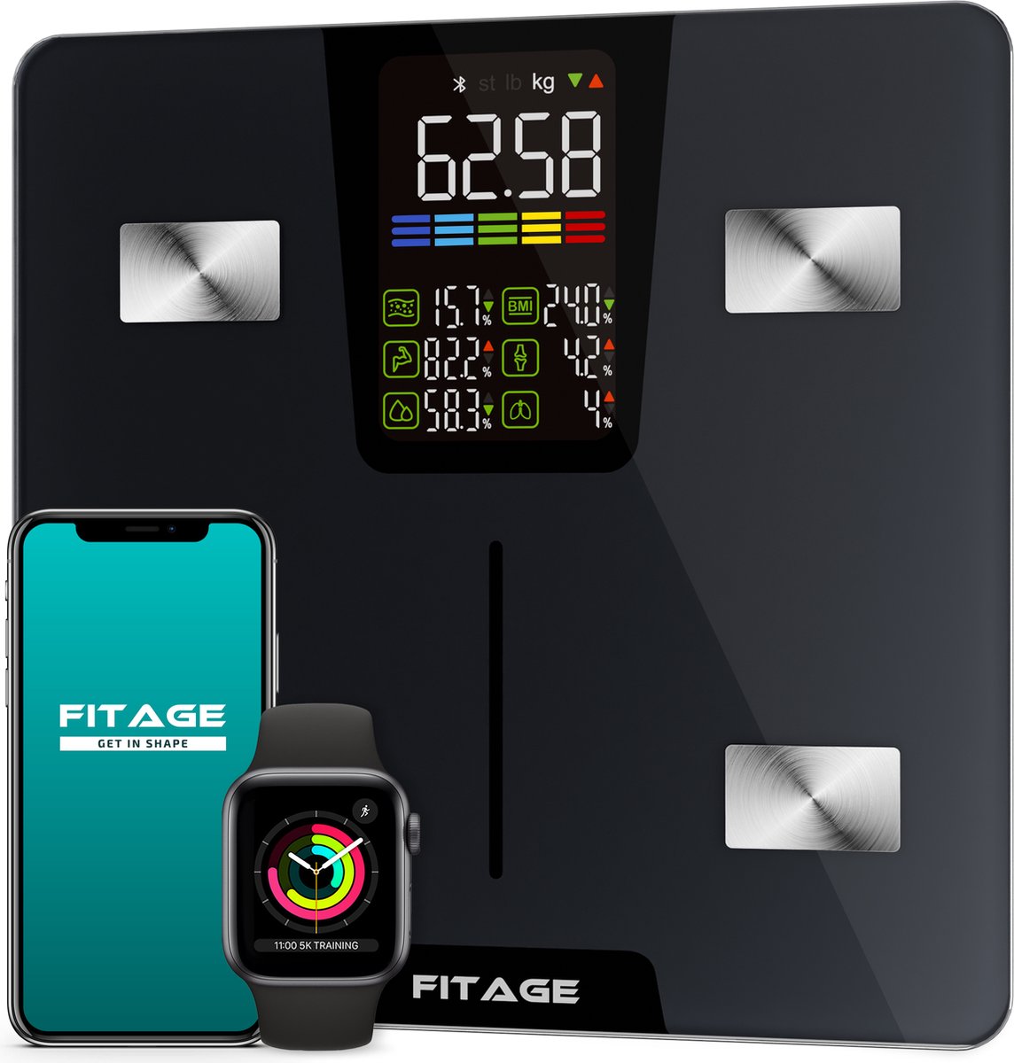 FITAGE Pèse-personne LED Digital - Pèse-personne intelligent avec analyse corporelle 17x - Pèse-personne - FITAGE App
