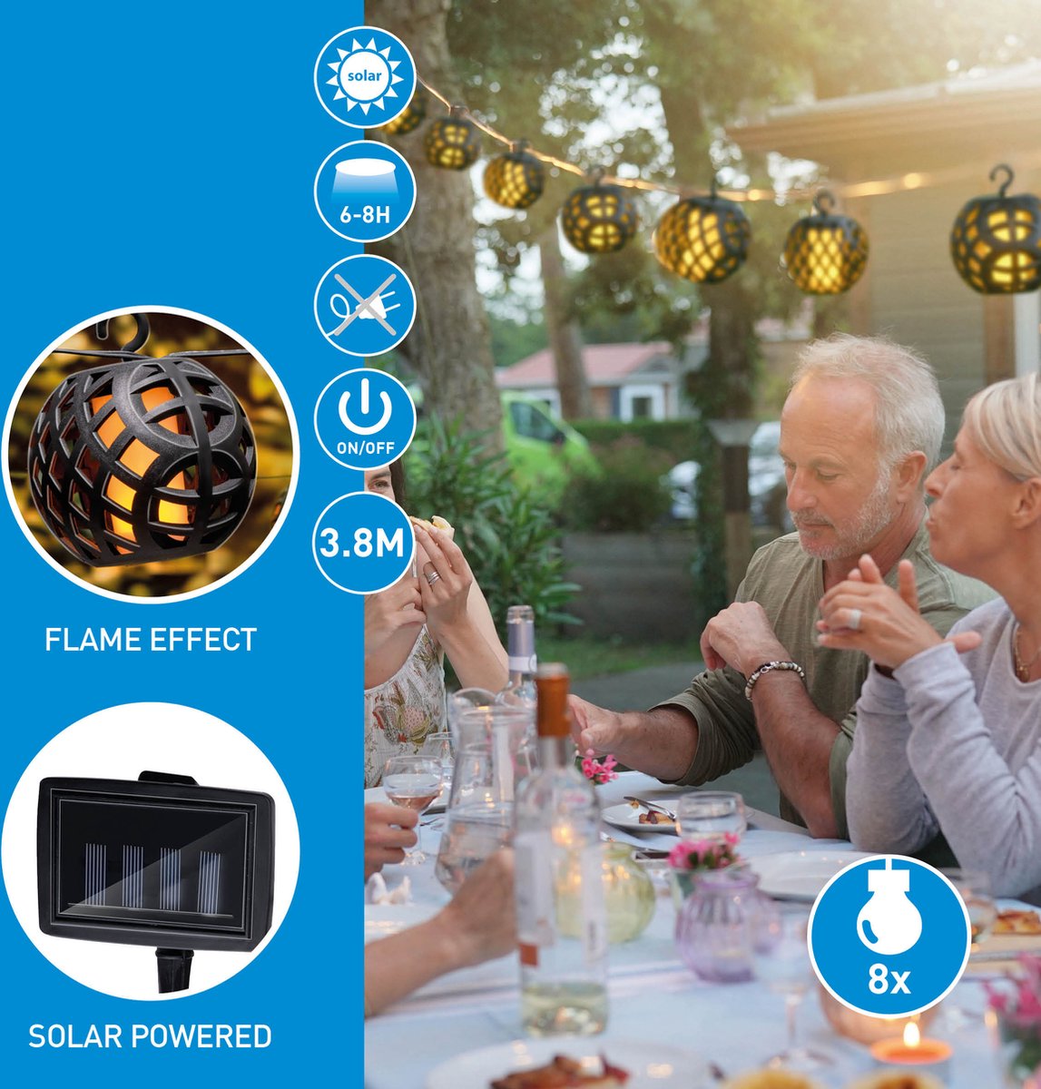 Guirlande lumineuse à énergie solaire - Grundig - Lumière de jardin 8 LED Lanternes - 12 Lumières - LED avec effet flamme - autonomie 8-6 heures - Noir