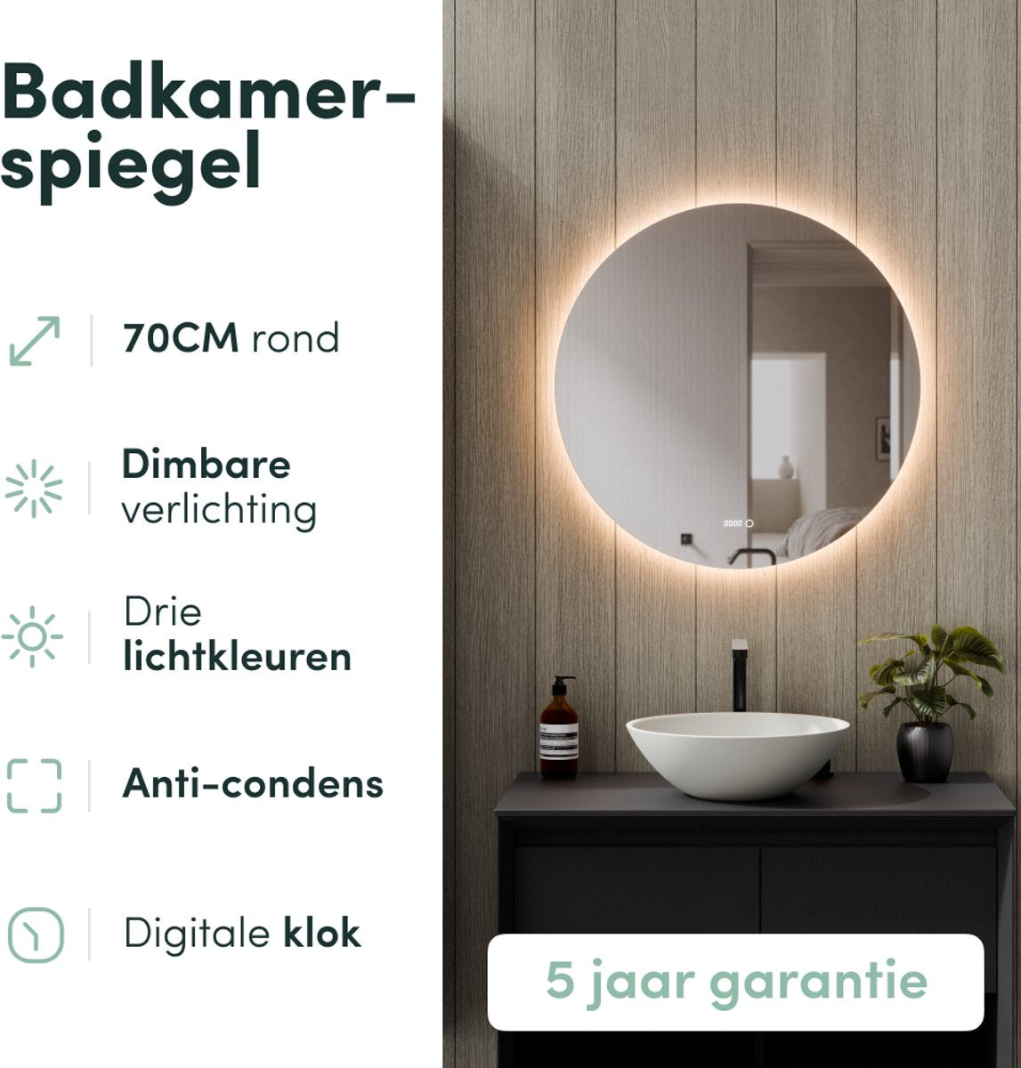 Beloura Miroir de salle de bain avec éclairage - Miroir de salle de bain rond - Chauffage - Horloge - LED - 70 cm