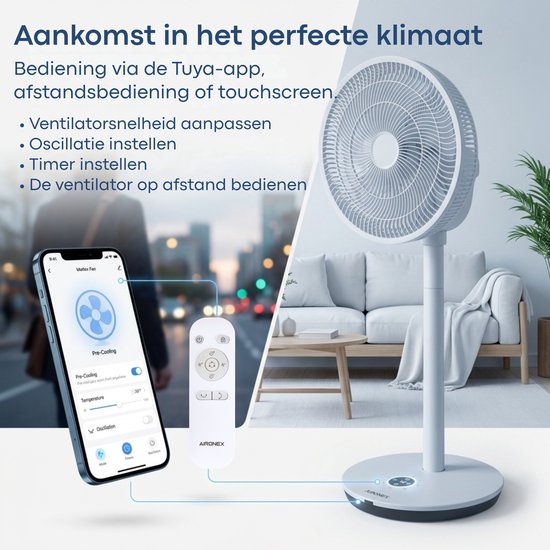Ventilateur Aironex - Ventilateur sur pied silencieux à 26 vitesses - Commande via application - Faible consommation - Blanc - Avec fonction aromathérapie et Wi-Fi - Minuterie et mode nuit - Réglable en hauteur - Oscillation horizontale et verticale