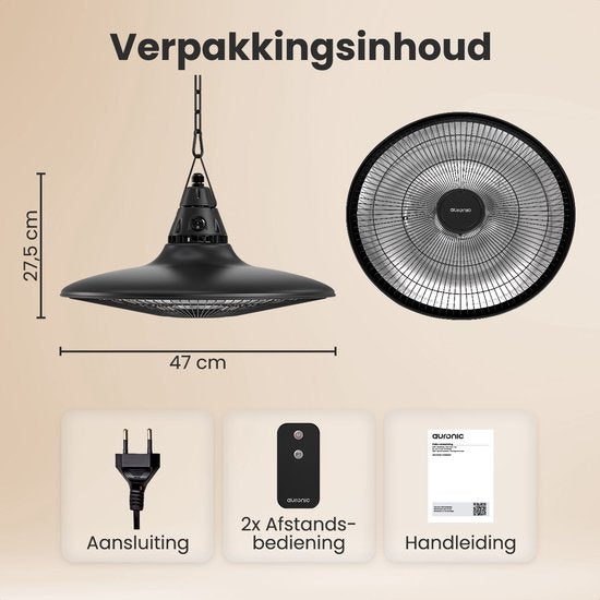 Auronic Terrace Heater - Chauffage infrarouge - Suspendu - 10m2 - Electrique - 1500W - Télécommande - Noir
