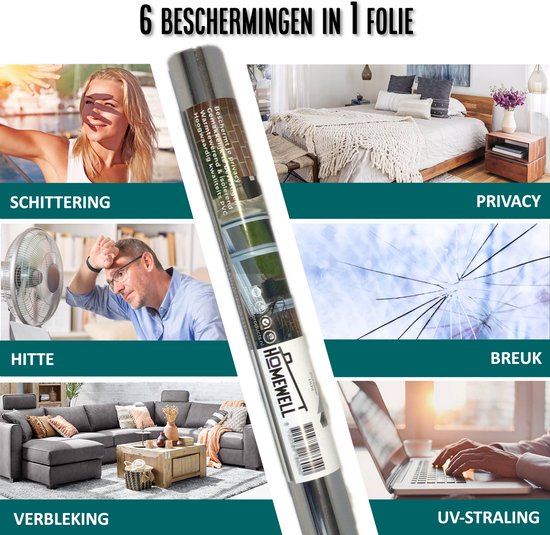 Film de protection solaire pour fenêtres Homewell® - 90 x 300 cm – Isolant et résistant à la chaleur - Protection contre les regards indiscrets - Compatible HR++(+) – Effet miroir à 15 % - Argent