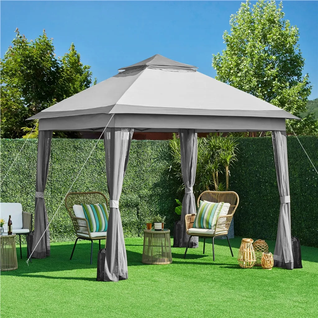 Tente de fête pliable Yaheetech 330 x 330 cm - Gris clair/Gris foncé - Pavillon de jardin pliable avec double toit et 4 parois latérales en filet