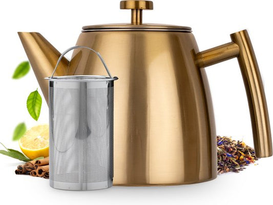 Vaja® Théière Juliette Gold - Double paroi - 1 litre - Théière en acier inoxydable avec filtre et porte-bouillon