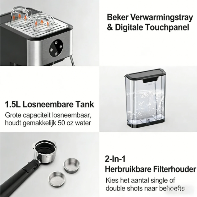 Machine à expresso Iagreea CM3050 - 20 bars - Buse à vapeur - 1,5 L - Acier inoxydable