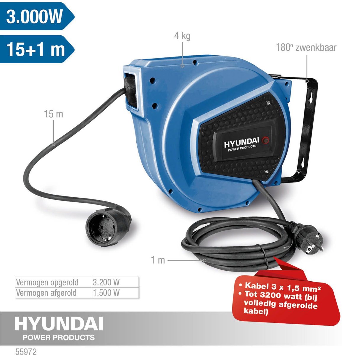 Enrouleur de câble mural Hyundai 15 m 3x1,5 mm² rétractable automatiquement bleu - support mural pivotant - 3200 W