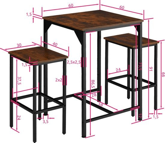 tectake - Set de table de bar Inverness industrial dark brown - 404362