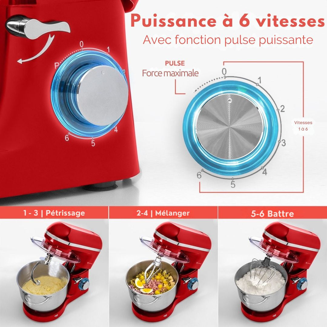 Robot de cuisine - KitchenBrothers - Mixeur de cuisine avec bol de 6L - Acier inoxydable - 1400W - Rouge