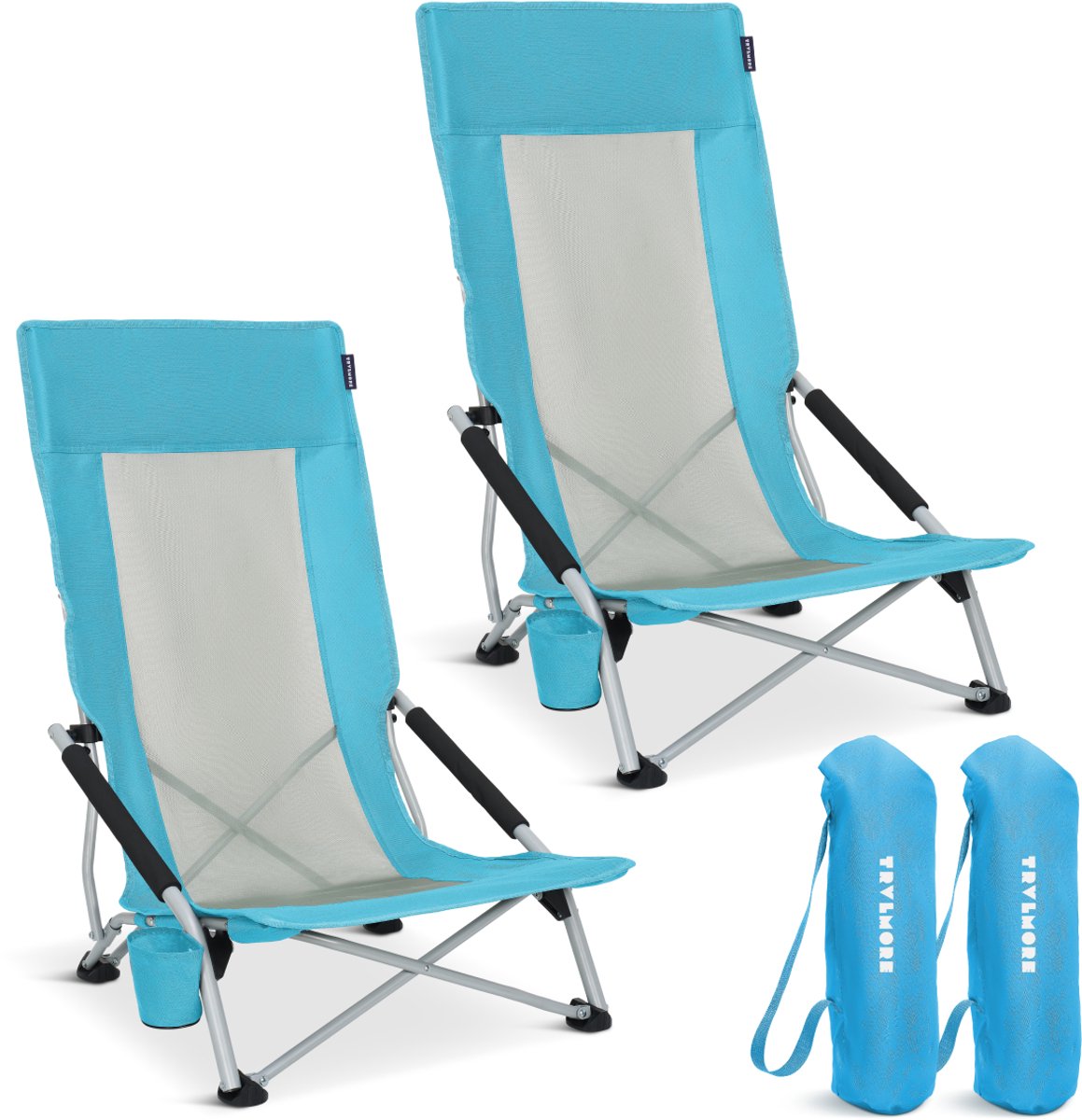 TRVLMORE Chaises de plage Lot de 2 - Pliable - Capacité de charge de 130KG - Avec porte-gobelet et sac de transport - Dossier haut - Bleu