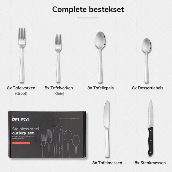 Deleca 8 Person Cutlery Set (48 pieces) - Spoons, Knives, Forks & Steak Knives - Lavable au lave-vaisselle - Silver/Stainless Steel