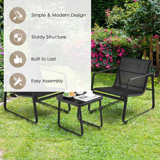 3-Piece Garden Furniture Set Balcony Set with 2 Chairs and Table - Black, Dimensions Chair 58x60x85 cm, Table 60x60x72 cm