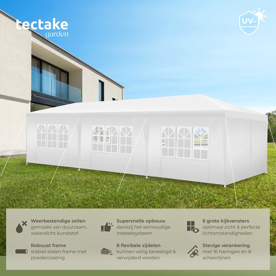 tectake® Pavillon Miramas - Tente de réception 9x3 m - Blanc - 8 panneaux latéraux amovibles - Pavillon de jardin résistant aux UV et à l'eau - Lignes de tension et piquets inclus - Auvent