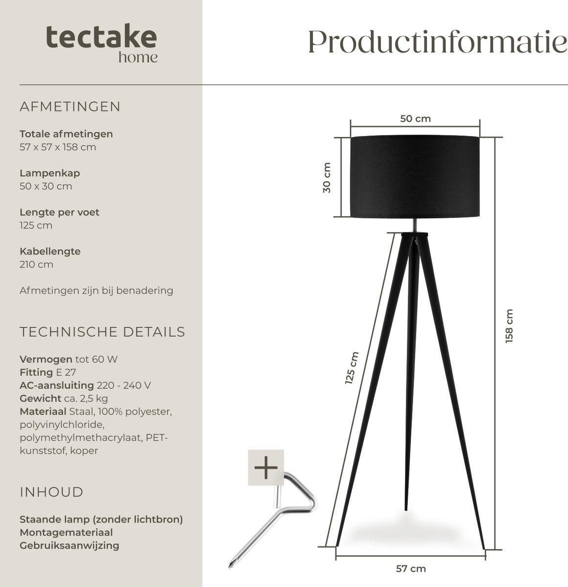 tectake® Lampadaire - Lampadaire 3 pieds - Hauteur 158 cm - Abat-jour aspect lin - Interrupteur à pied - Noir