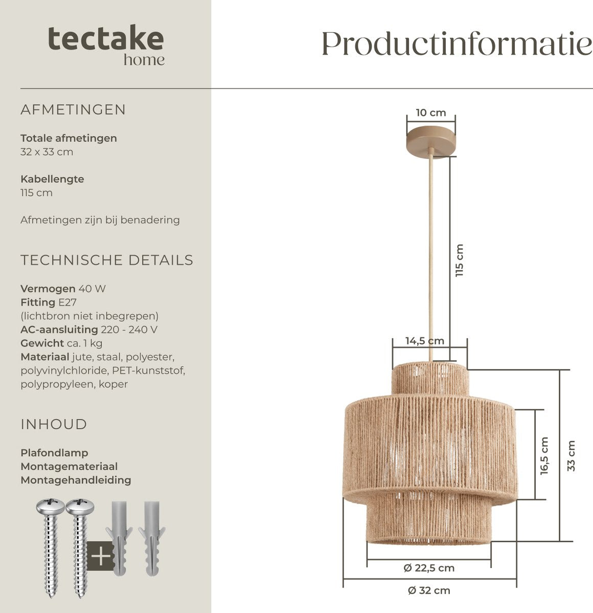 Tectake Lampe pendante Allegra - Plafonnier en jute Ø32 cm - Design Boho - Prise E27 - Max. 40W - Beige