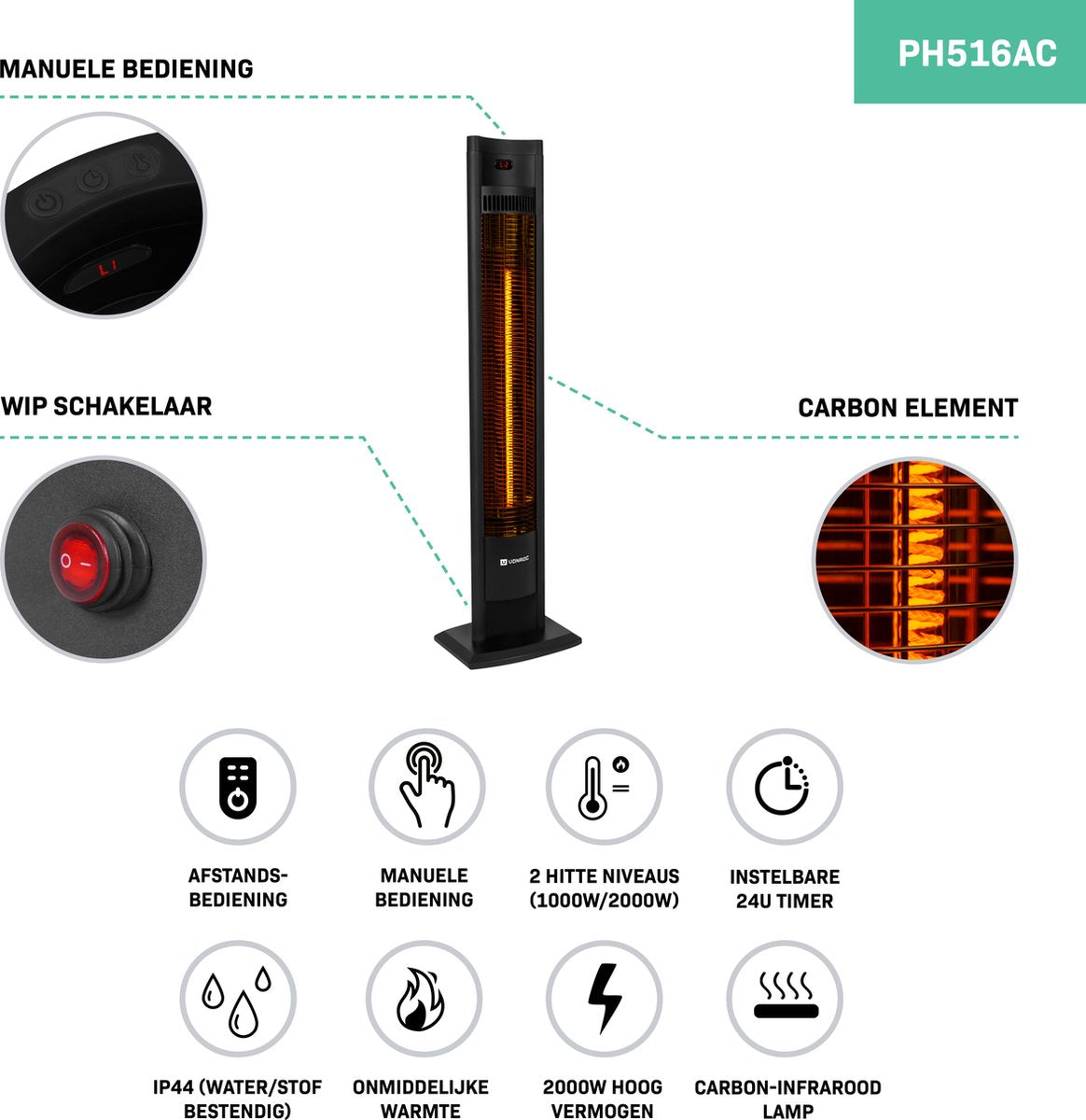 VONROC Chauffe-terrasse Filicudi - Infrarouge - 2000W - Haute efficacité - Elément en carbone - 2 modes de chauffage - Ecran LCD - Télécommande incluse