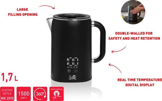 Bouilloire électrique FRITEL WK 2595 - Bouilloire à eau chaude / Bouilloire à thé - 1,7 litre - 1 500 W - Double paroi - Écran tactile - Fonction « Keep-Warm » - Noir mat