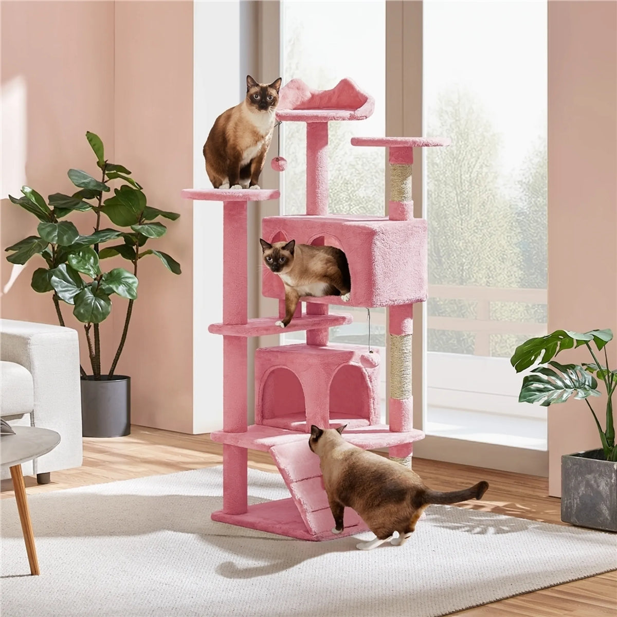 Yaheetech Cat Post avec 3 plateformes d'observation - équipé de 2 paniers pour chats, de poteaux en sisal et d'une balle de jeu avec cloche - pour les foyers avec plusieurs chats - peluche rose et panneau de particules E1 - 49 x 49 x 139 cm