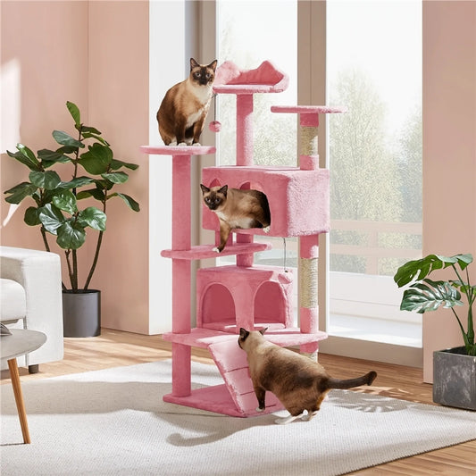 Yaheetech Cat Post avec 3 plateformes d'observation - équipé de 2 paniers pour chats, de poteaux en sisal et d'une balle de jeu avec cloche - pour les foyers avec plusieurs chats - peluche rose et panneau de particules E1 - 49 x 49 x 139 cm