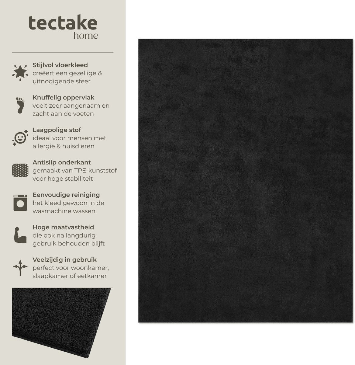 tectake Tapis Soft Zone - poils courts - extra doux - noir - 140 × 200 cm