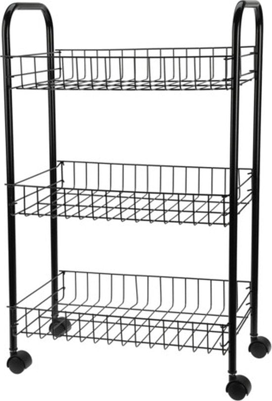 Zwarte keuken trolley met manden op wielen 39 x 23 x 64 cm