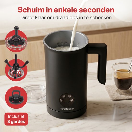 Mousseur à lait AoraKitchen - 300 ml - Mousseur à lait - Acier inoxydable - Électrique - 4-en-1 - Revêtement antiadhésif - 500 W