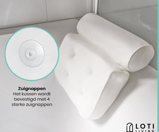 Loti Living Oreiller de bain - Oreiller de bain - Oreiller cervical de bain - Appui-tête de bain - Oreiller de bain avec ventouses - 6 ventouses - Oreiller cervical ergonomique - Antidérapant - Blanc