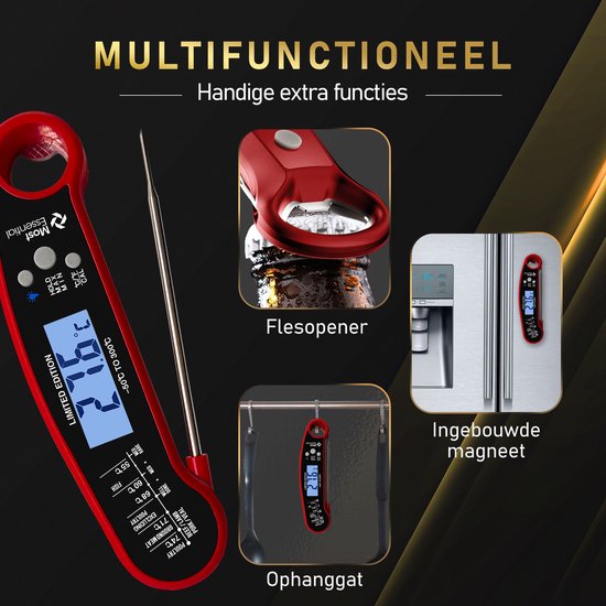 MostEssential Premium Thermomètre à viande - Thermomètre BBQ - Thermomètre à cœur - Thermomètre à sucre - Thermomètre de cuisine - Numérique - Sans fil - Etanche - Rouge