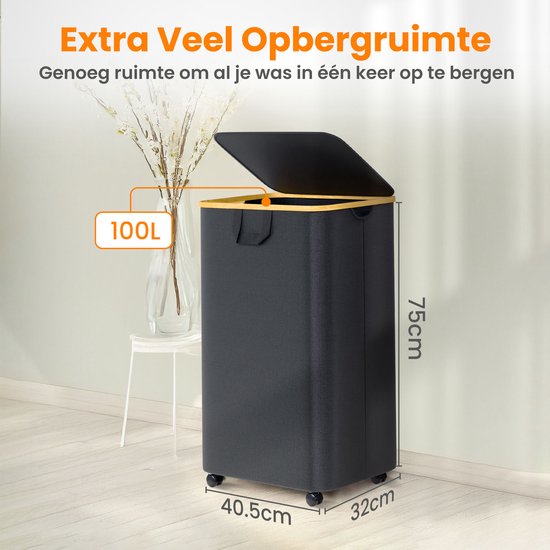 Posity Panier à linge sur roues - 100 litres - pliable - Panier à linge en tissu - Panier à linge - Avec couvercle et poignées - Bambou - Sac à linge inclus - Noir