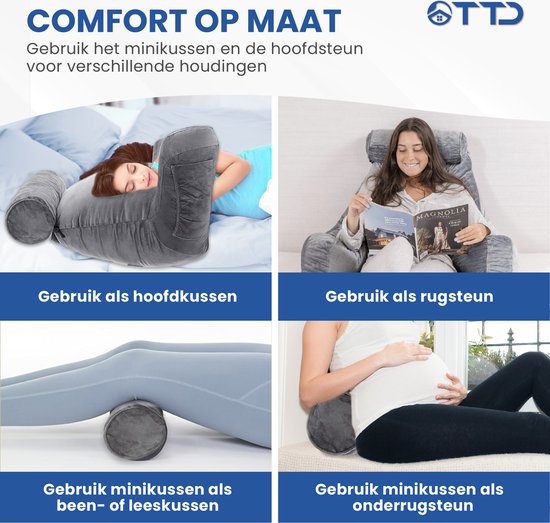 TTD® Premium XXL Coussin de lecture avec rouleau pour la nuque - Siège de lecture - Coussin de lecture pour le lit - Coussin de siège ergonomique avec rembourrage réglable - Coussin de livre - Comprend un mini-coussin supplémentaire - Velouté et doux - Ho